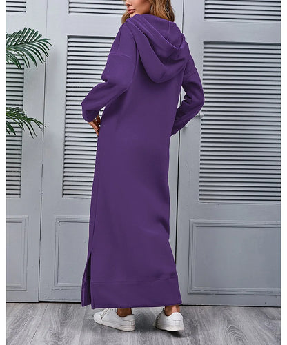 Women's Hoodie Midi Dress – Lace-Up Hem Hooded Sweatshirt Dress – Casual Loose Long Dress for Autumn & Winter