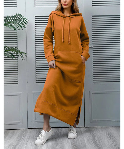 Women's Hoodie Midi Dress – Lace-Up Hem Hooded Sweatshirt Dress – Casual Loose Long Dress for Autumn & Winter