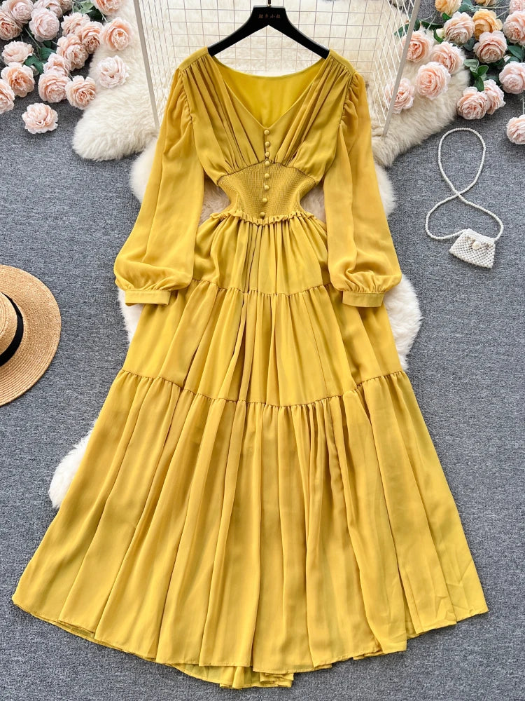 Vintage Chiffon Long Dress Women Elegant V-neck Long Sleeved Casual Dresses French Pleated Slim A-line Long Robe Vestidos
