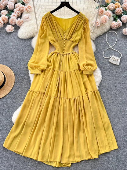 Vintage Chiffon Long Dress Women Elegant V-neck Long Sleeved Casual Dresses French Pleated Slim A-line Long Robe Vestidos