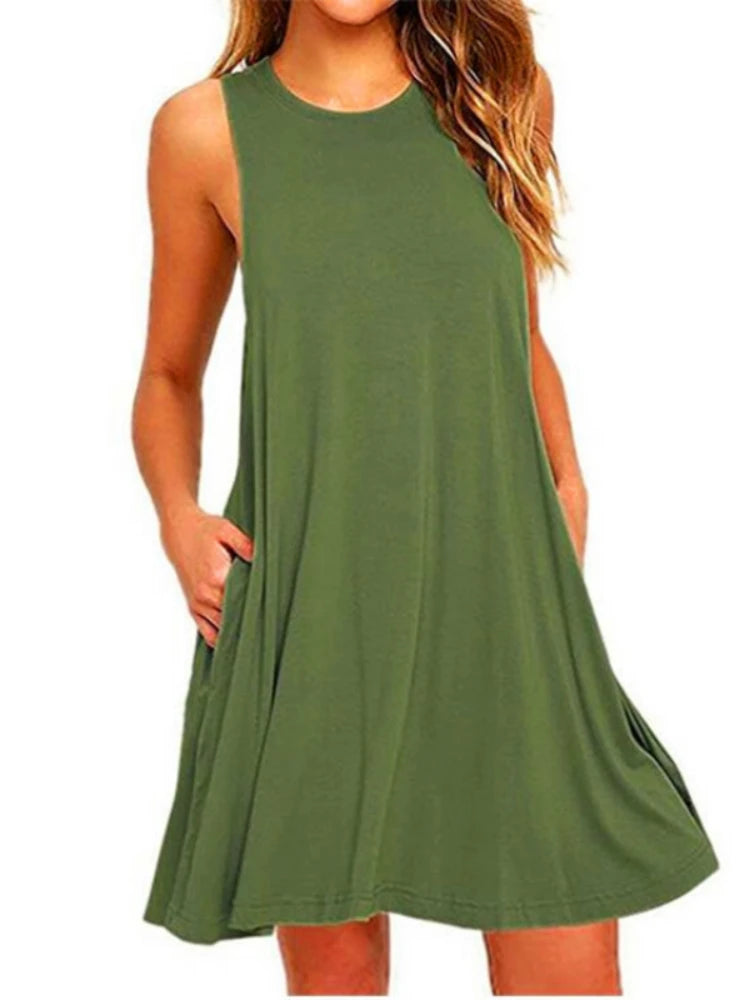 With Pocket Solid Color Sleeveless Loose Dress Women O Neck Mini Causal Dress Office Club Party Vestidos