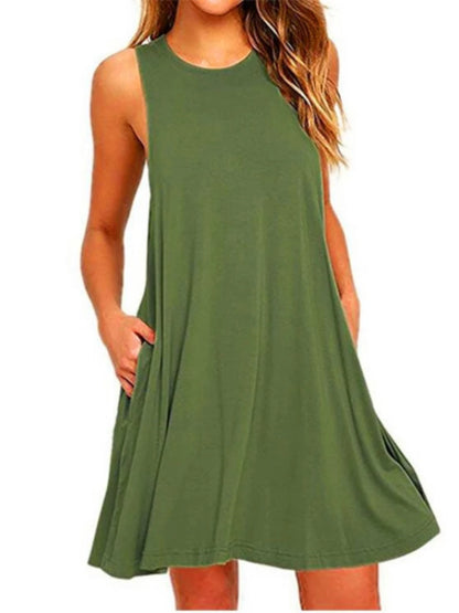 With Pocket Solid Color Sleeveless Loose Dress Women O Neck Mini Causal Dress Office Club Party Vestidos