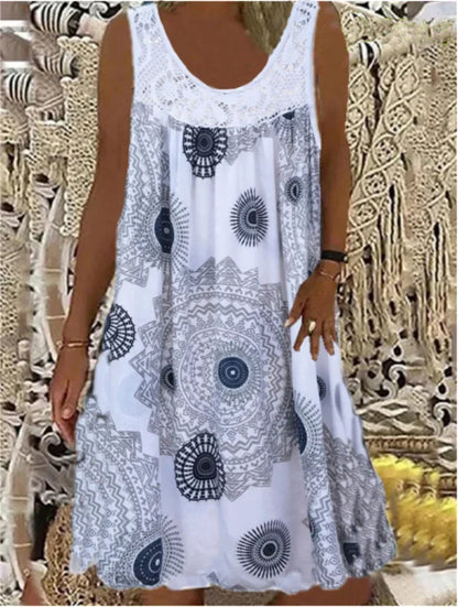 Women’s Sleeveless Boho Print Dress – A-Line Pleated Hem Lace Splice Knee-Length Summer Dress – Casual, Holiday & Beach – Sizes S–XXXL