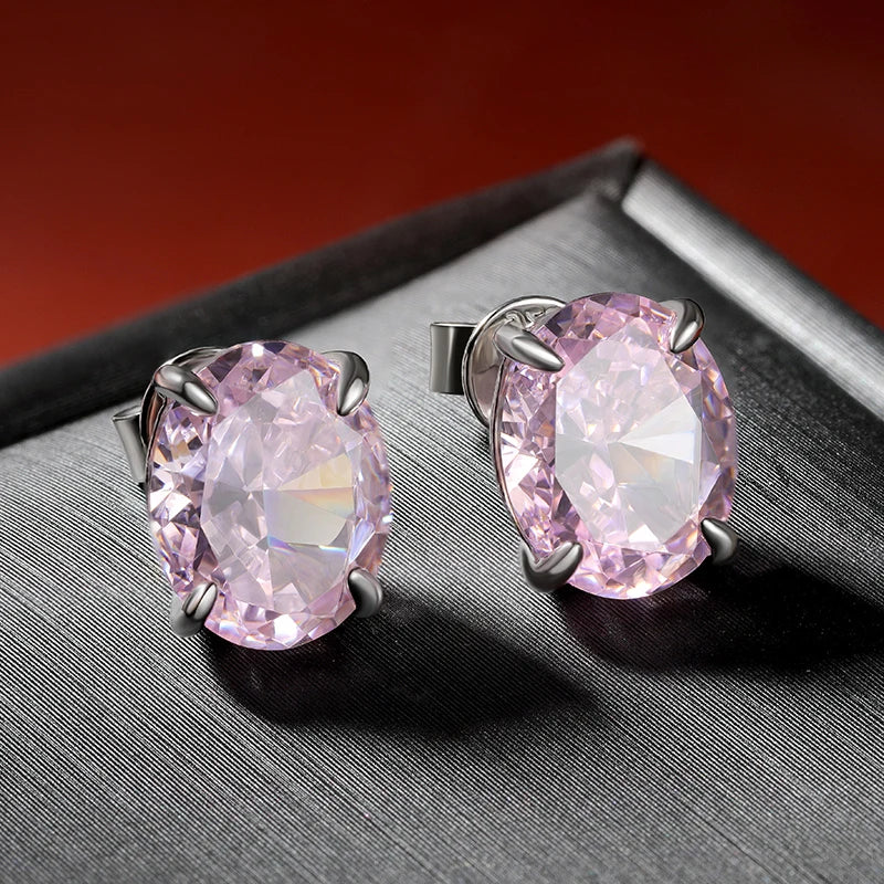 925 Sterling Silver High Carbon Diamond Stud Earrings – 8×10mm Oval Gem, Yellow, Pink & White