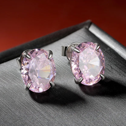 925 Sterling Silver High Carbon Diamond Stud Earrings – 8×10mm Oval Gem, Yellow, Pink & White