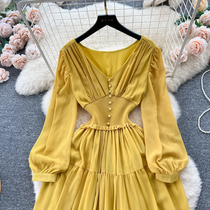 Vintage Chiffon Long Dress Women Elegant V-neck Long Sleeved Casual Dresses French Pleated Slim A-line Long Robe Vestidos