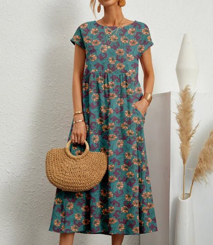 Women’s Floral Boho Midi Dress – A-Line Short Sleeve Cotton Blend Pleated Summer Dress – Casual, Beach & Party – Sizes S–XXL