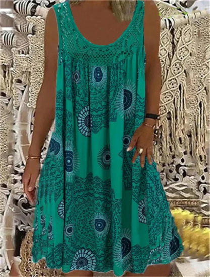 Women’s Sleeveless Boho Print Dress – A-Line Pleated Hem Lace Splice Knee-Length Summer Dress – Casual, Holiday & Beach – Sizes S–XXXL