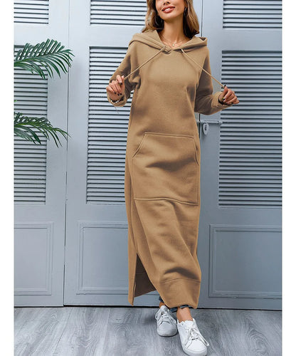 Women's Hoodie Midi Dress – Lace-Up Hem Hooded Sweatshirt Dress – Casual Loose Long Dress for Autumn & Winter