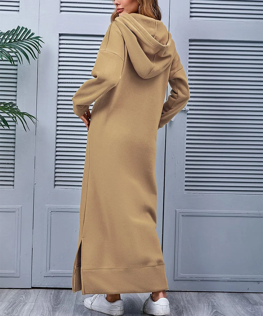 Women's Hoodie Midi Dress – Lace-Up Hem Hooded Sweatshirt Dress – Casual Loose Long Dress for Autumn & Winter