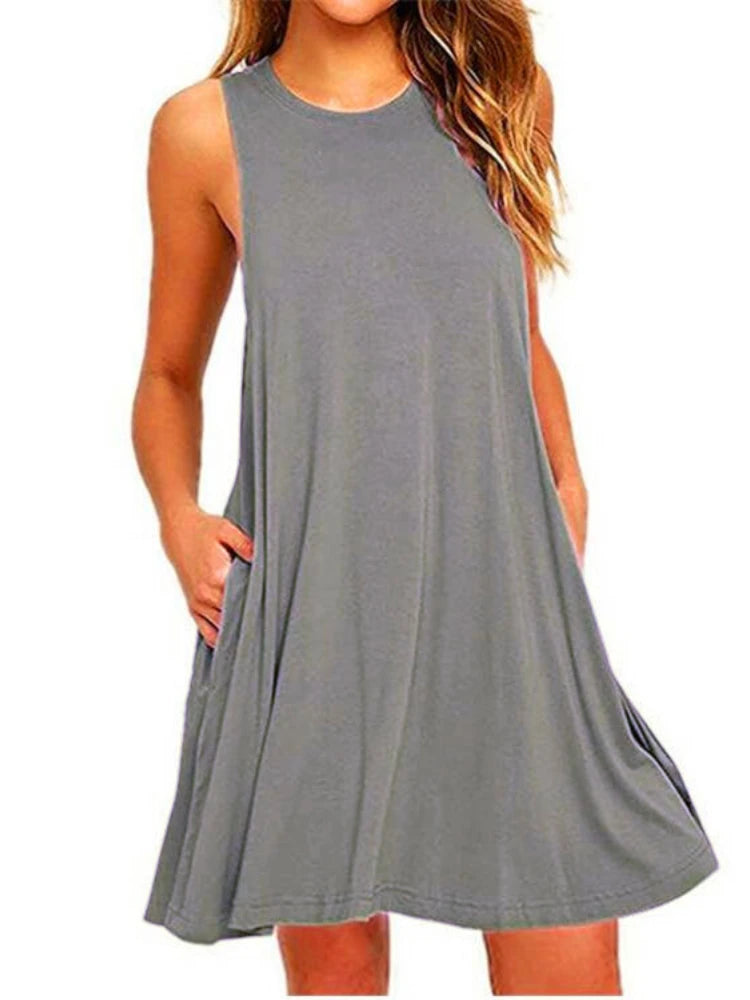 With Pocket Solid Color Sleeveless Loose Dress Women O Neck Mini Causal Dress Office Club Party Vestidos
