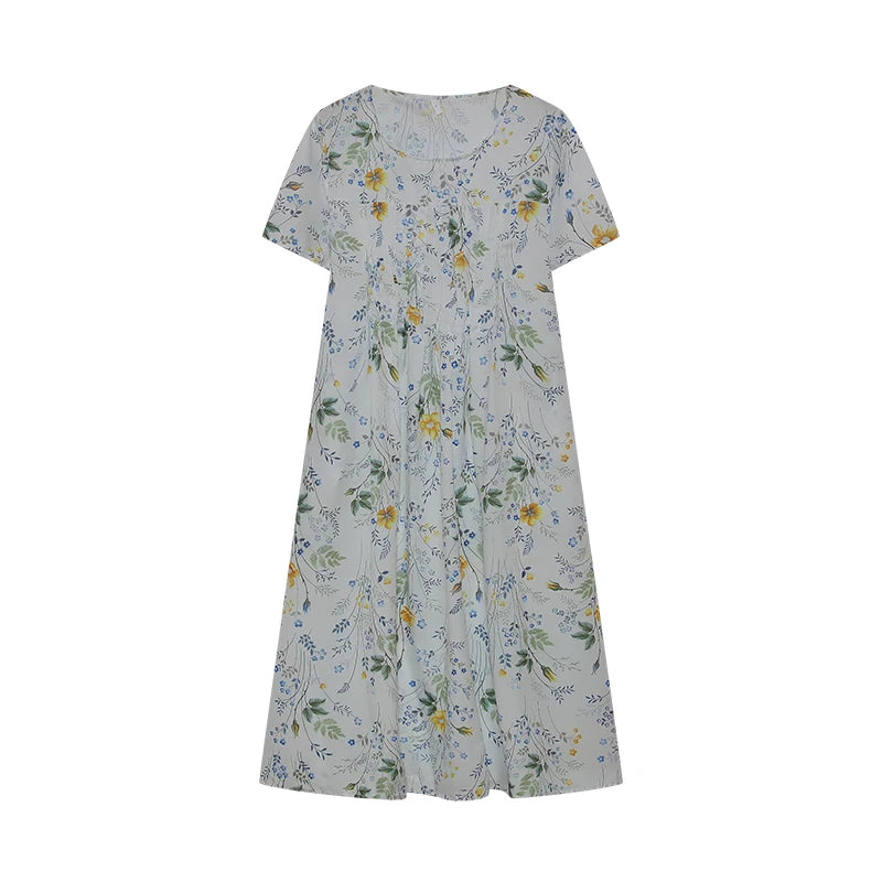 2024 Spring/Summer Women's Elegant Large Swing Skirt With Round Neck Printed Short Sleeved Dress