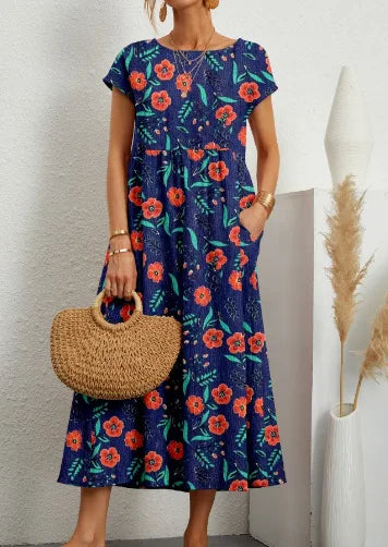 Women’s Floral Boho Midi Dress – A-Line Short Sleeve Cotton Blend Pleated Summer Dress – Casual, Beach & Party – Sizes S–XXL