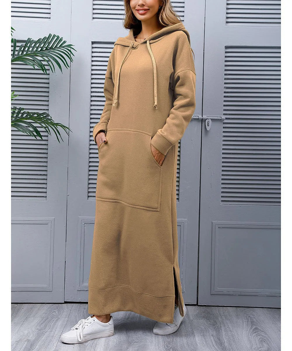 Women's Hoodie Midi Dress – Lace-Up Hem Hooded Sweatshirt Dress – Casual Loose Long Dress for Autumn & Winter