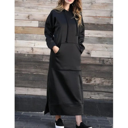 Women's Hoodie Midi Dress – Lace-Up Hem Hooded Sweatshirt Dress – Casual Loose Long Dress for Autumn & Winter
