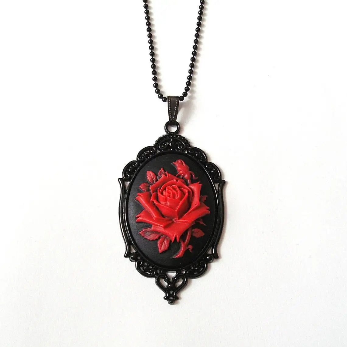 Rose Cameo Necklace, Gothic jewelry, Black bead chain, Victorian, Pagan, Alternative, Witchcraft accessories, Rose Choker, Gift