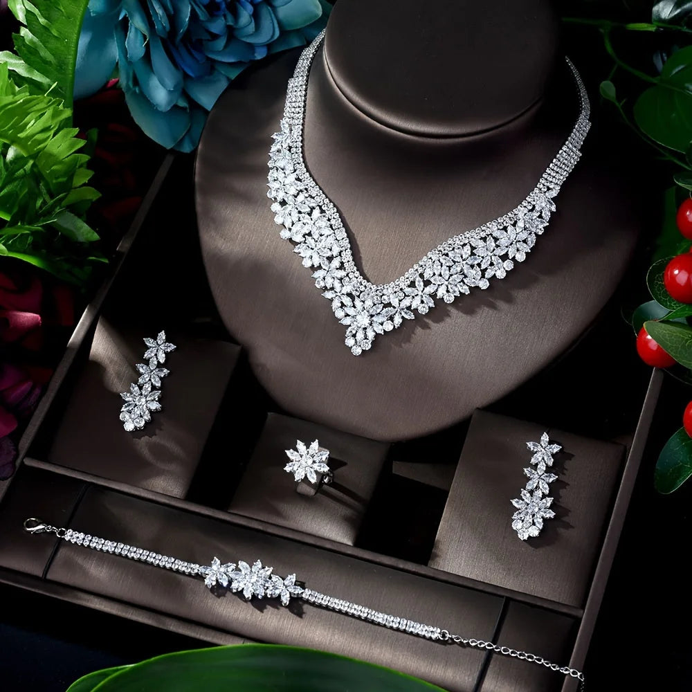 Cubic Zirconia 4-Piece Bridal Jewelry Set for Women – Necklace, Earrings, Ring & Bracelet