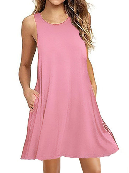 With Pocket Solid Color Sleeveless Loose Dress Women O Neck Mini Causal Dress Office Club Party Vestidos