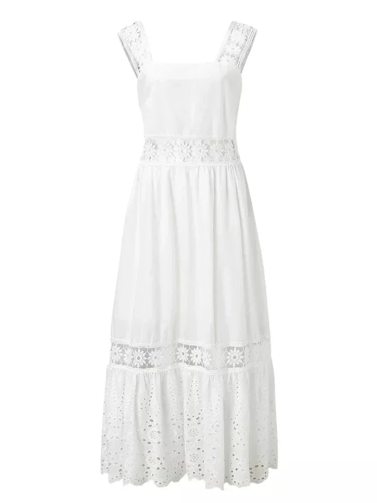Backless Lace Cotton Women Fashion Sleeveless Bohemian White Dress Ladies Sexy Hollow Out Boho Maxi Sundress Robe