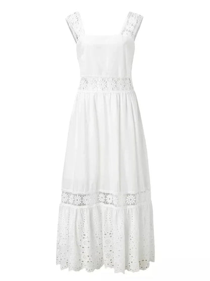 Backless Lace Cotton Women Fashion Sleeveless Bohemian White Dress Ladies Sexy Hollow Out Boho Maxi Sundress Robe
