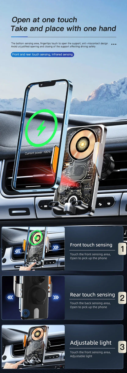 Wireless Car Phone Holder with 66W Fast Charging – Auto-Clamping, Dashboard & Vent Mount