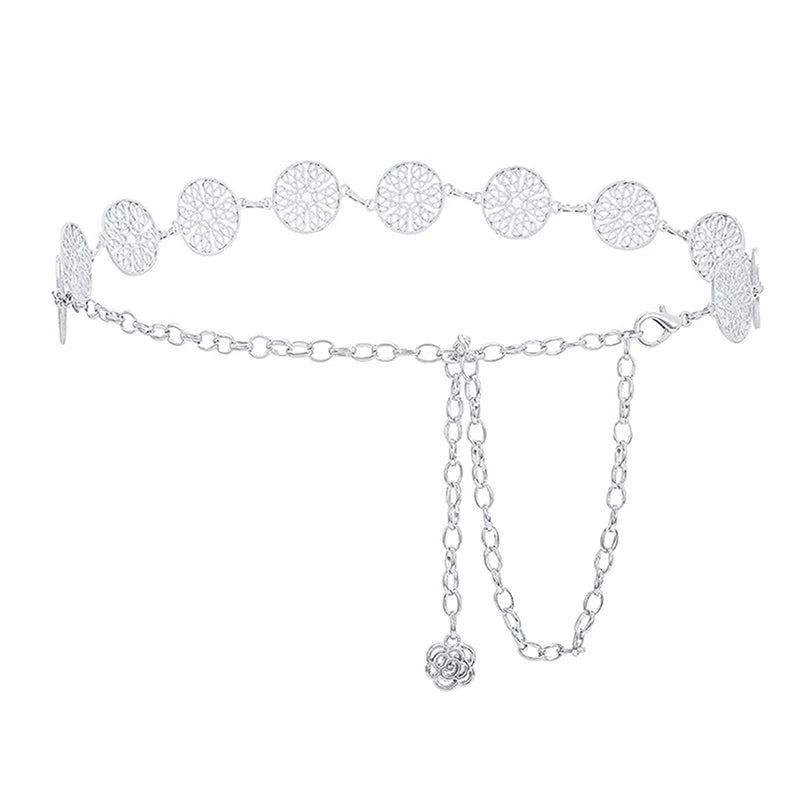 Elegant Round Metal Belt for Women – Retro Gold & Silver Carved Hollow-Out Waistband
