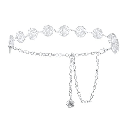 Elegant Round Metal Belt for Women – Retro Gold & Silver Carved Hollow-Out Waistband