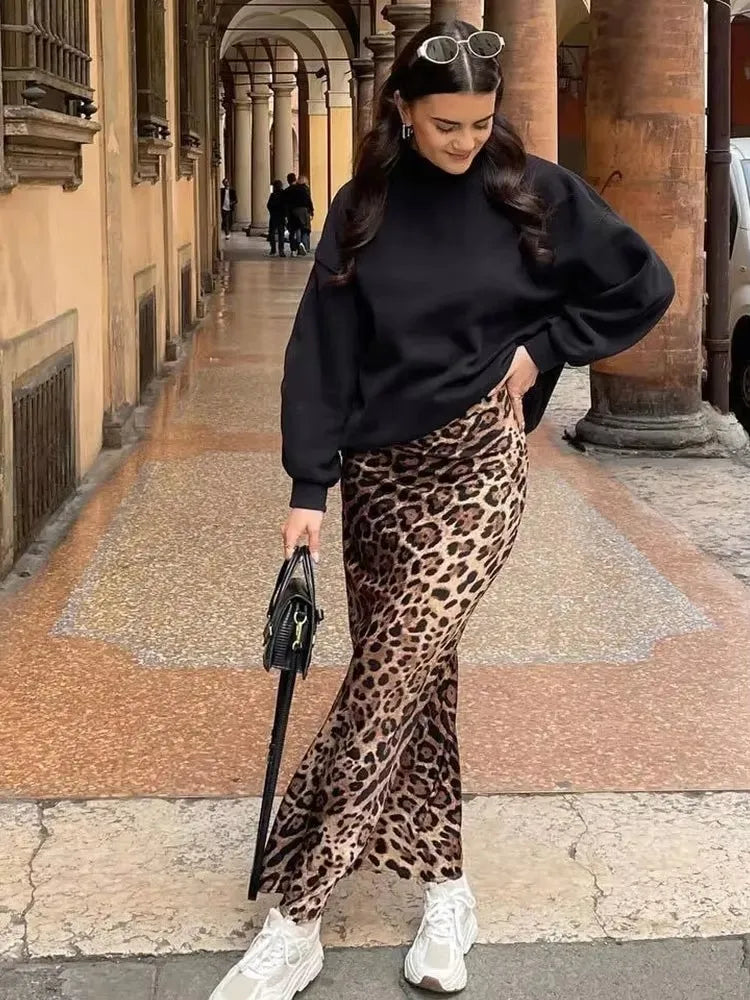 Women's Leopard Print Midi Skirt | High Waist, A-Line, Loose Fit