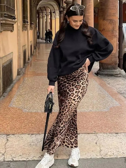 Women's Leopard Print Midi Skirt | High Waist, A-Line, Loose Fit