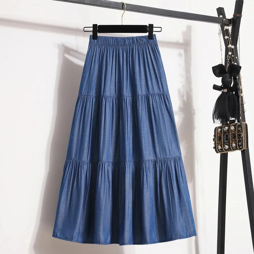 Women's Tiered A-Line Midi Skirt | Empire Waist, Patchwork, 4 Colors