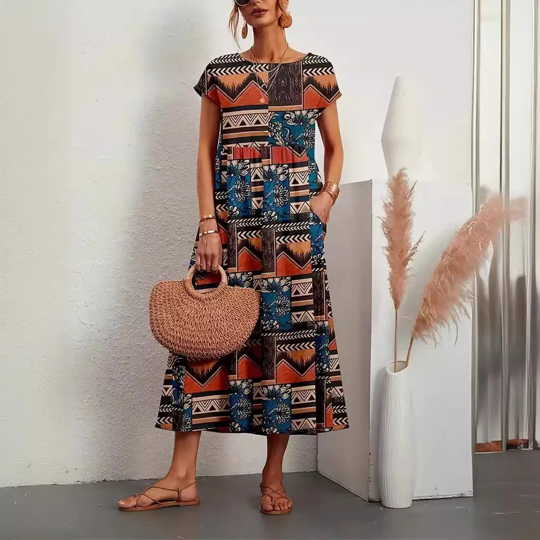 Women’s Floral Boho Midi Dress – A-Line Short Sleeve Cotton Blend Pleated Summer Dress – Casual, Beach & Party – Sizes S–XXL