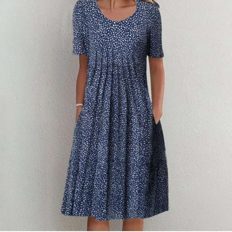 2024 Spring/Summer Women's Elegant Large Swing Skirt With Round Neck Printed Short Sleeved Dress