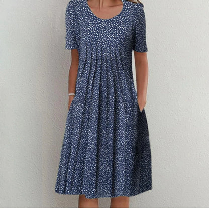2024 Spring/Summer Women's Elegant Large Swing Skirt With Round Neck Printed Short Sleeved Dress