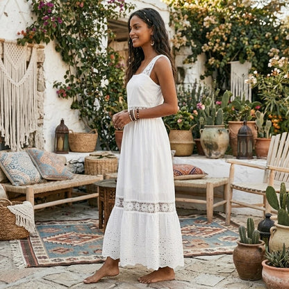 Backless Lace Cotton Women Fashion Sleeveless Bohemian White Dress Ladies Sexy Hollow Out Boho Maxi Sundress Robe