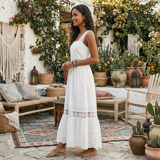 Backless Lace Cotton Women Fashion Sleeveless Bohemian White Dress Ladies Sexy Hollow Out Boho Maxi Sundress Robe