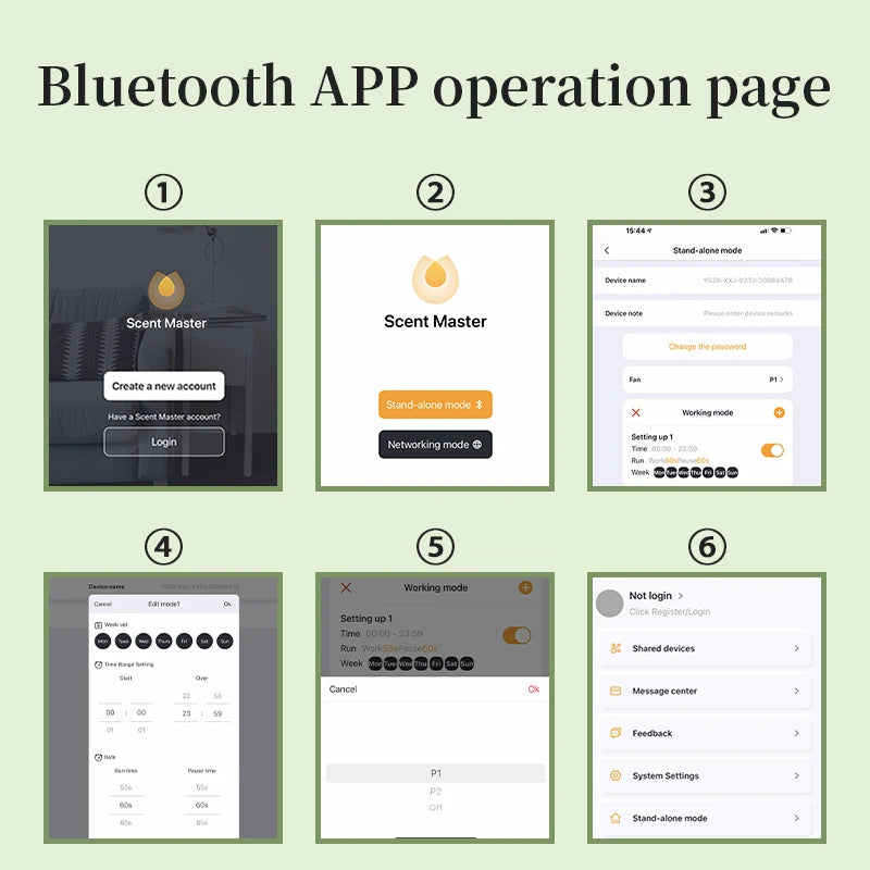 Sequence of Bluetooth app operation screens on a light green background | Origin Zero