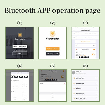 Sequence of Bluetooth app operation screens on a light green background | Origin Zero