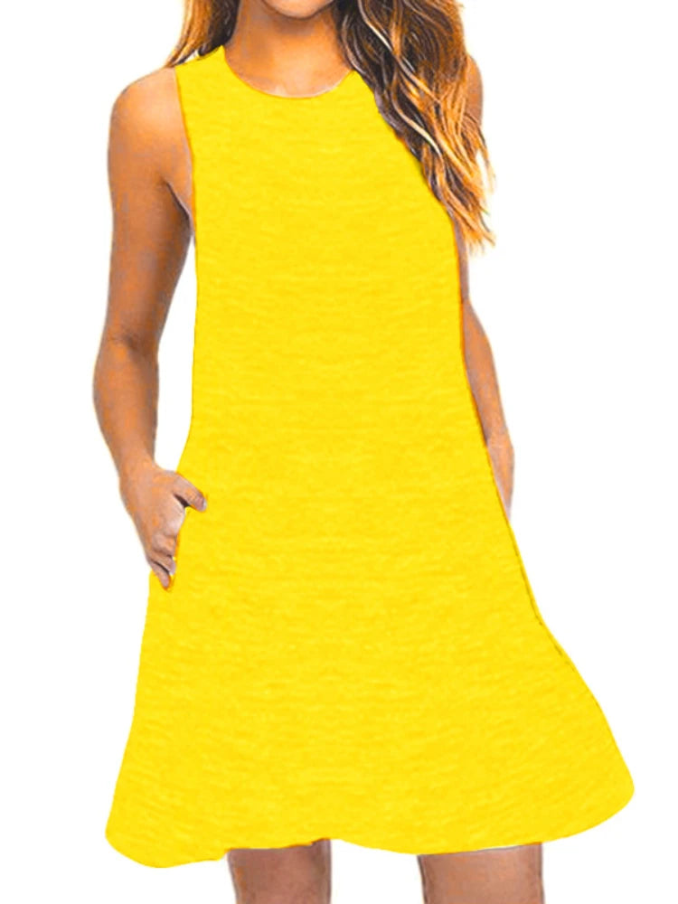 With Pocket Solid Color Sleeveless Loose Dress Women O Neck Mini Causal Dress Office Club Party Vestidos