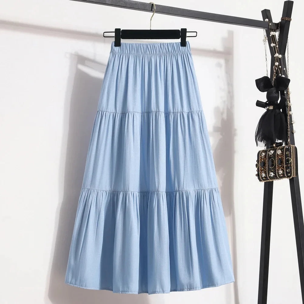 Women's Tiered A-Line Midi Skirt | Empire Waist, Patchwork, 4 Colors
