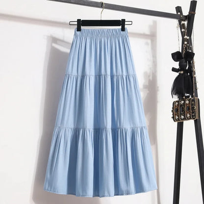 Women's Tiered A-Line Midi Skirt | Empire Waist, Patchwork, 4 Colors
