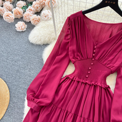 Vintage Chiffon Long Dress Women Elegant V-neck Long Sleeved Casual Dresses French Pleated Slim A-line Long Robe Vestidos