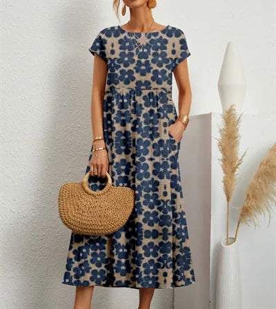 Women’s Floral Boho Midi Dress – A-Line Short Sleeve Cotton Blend Pleated Summer Dress – Casual, Beach & Party – Sizes S–XXL