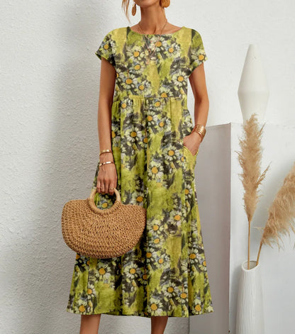 Women’s Floral Boho Midi Dress – A-Line Short Sleeve Cotton Blend Pleated Summer Dress – Casual, Beach & Party – Sizes S–XXL