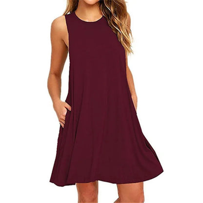 With Pocket Solid Color Sleeveless Loose Dress Women O Neck Mini Causal Dress Office Club Party Vestidos
