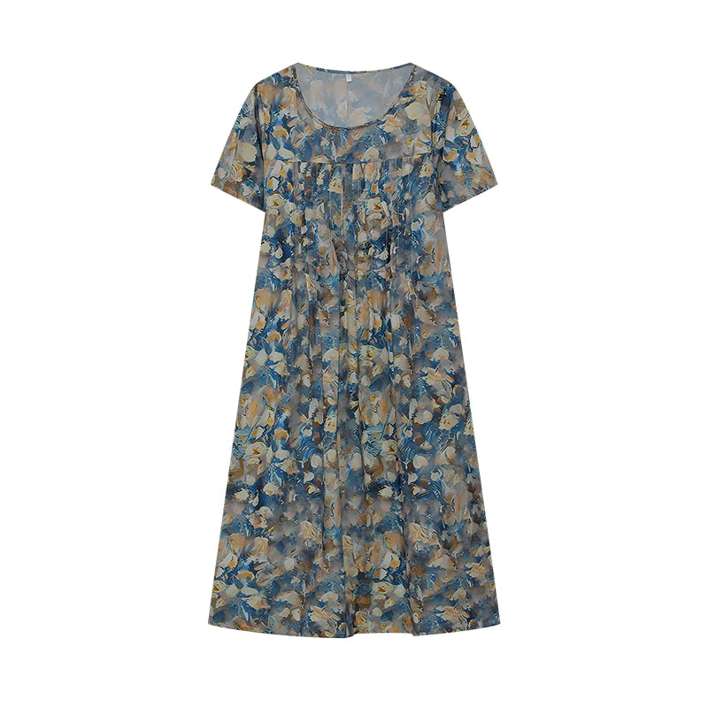 2024 Spring/Summer Women's Elegant Large Swing Skirt With Round Neck Printed Short Sleeved Dress