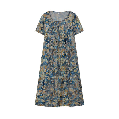 2024 Spring/Summer Women's Elegant Large Swing Skirt With Round Neck Printed Short Sleeved Dress