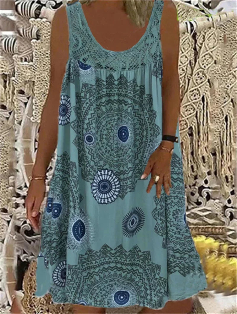 Women’s Sleeveless Boho Print Dress – A-Line Pleated Hem Lace Splice Knee-Length Summer Dress – Casual, Holiday & Beach – Sizes S–XXXL