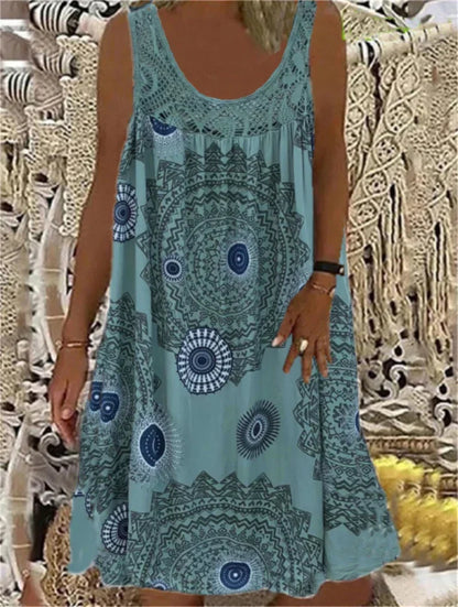 Women’s Sleeveless Boho Print Dress – A-Line Pleated Hem Lace Splice Knee-Length Summer Dress – Casual, Holiday & Beach – Sizes S–XXXL