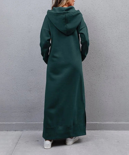 Women's Hoodie Midi Dress – Lace-Up Hem Hooded Sweatshirt Dress – Casual Loose Long Dress for Autumn & Winter
