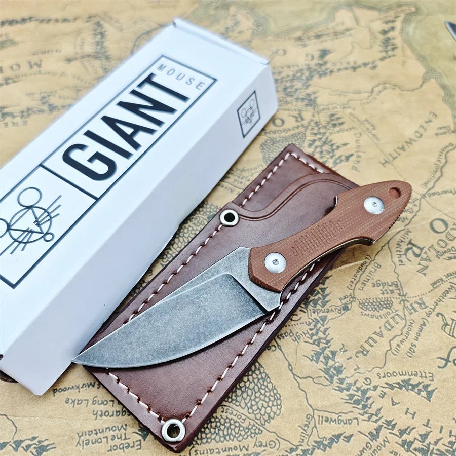 GiantMouse GMF3 Fixed Blade Knife Satin Drop Point Blade with Leather Sheath | Origin Zero